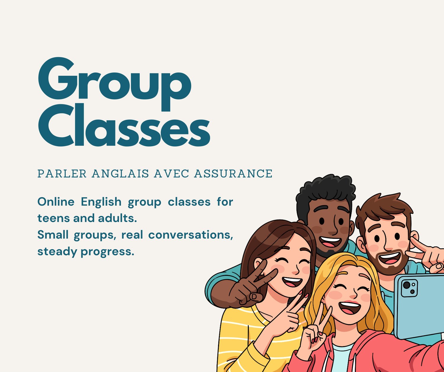 Cours d’anglais en ligne en petits groupes pour adultes et adolescents.
