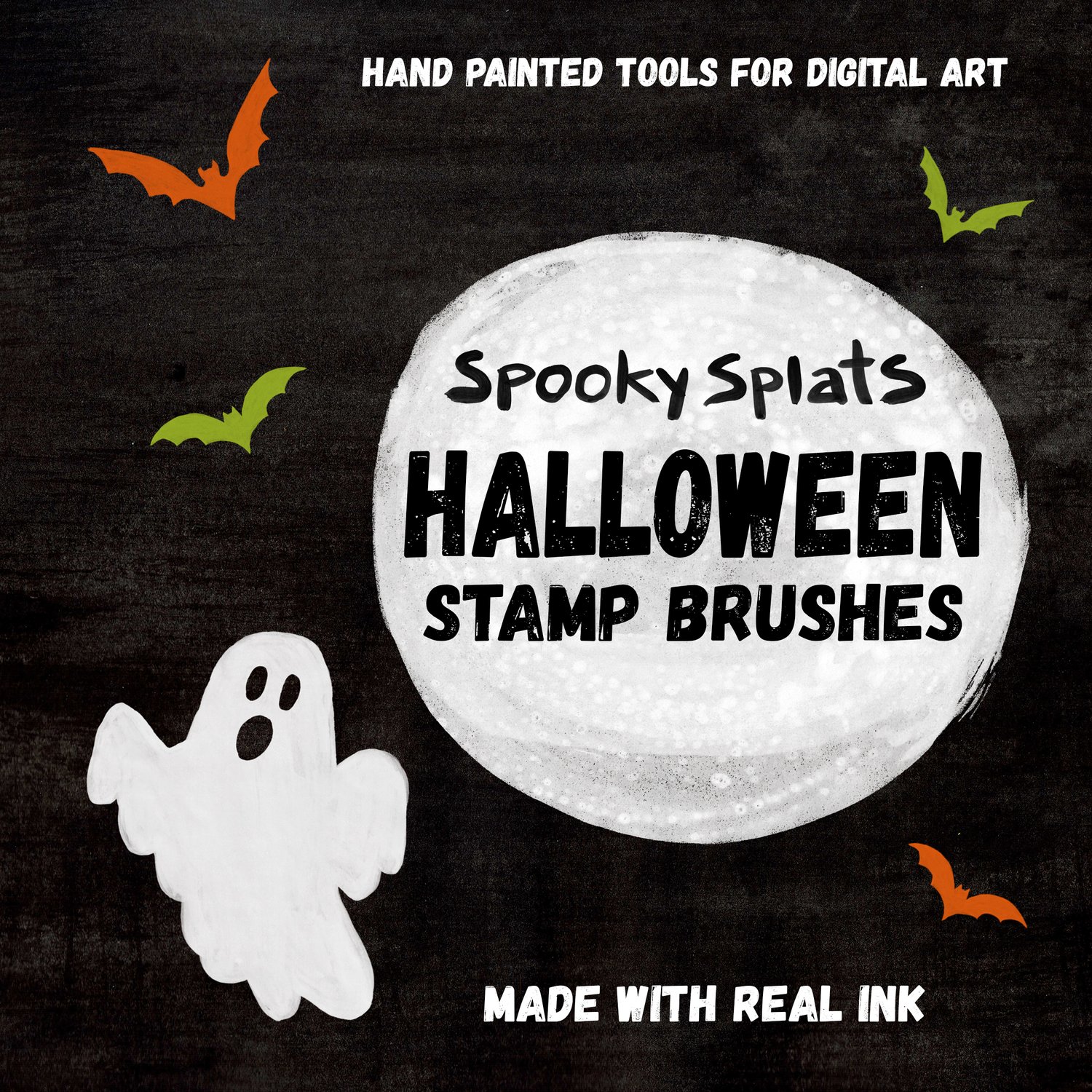 Hand Painted Tools for Digital Art. Made with Real INK. Spooky Splats Halloween Stamp Brushes. Stamp Shapes - Ghost and Bats