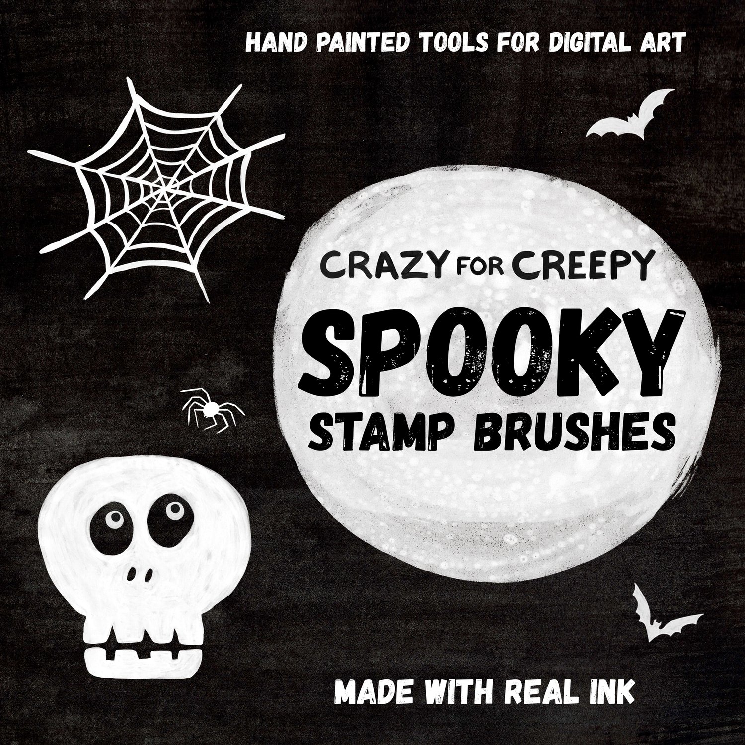 Crazy For Creepy - Spooky Stamp Brushes. Hand Painted Tools for Digital Art. Made with Real INK. Stamp shapes - Creepy Cute Skull, Spiderweb, spider and bats