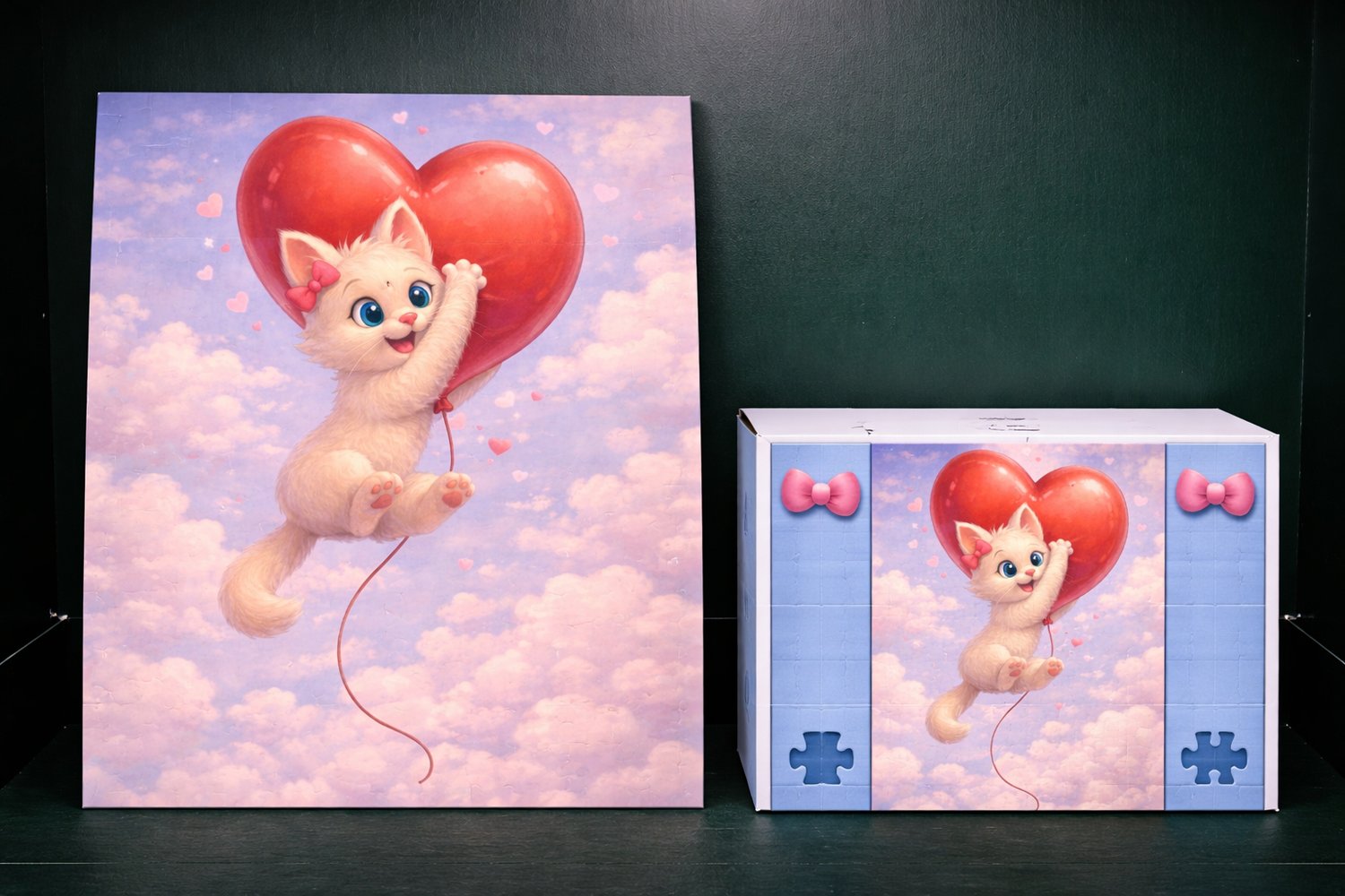 Happy Valentine’s Day kitten jigsaw puzzle with hearts, roses, and gift boxes