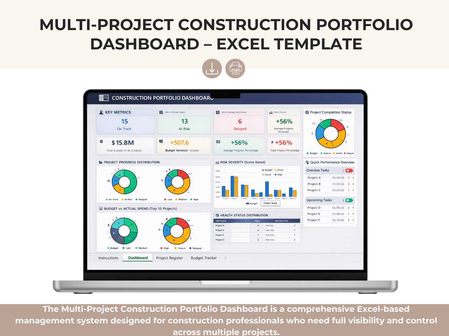 Multi-Project Construction Portfolio Dashboard in Excel showing executive KPIs, budget vs actual costs, schedule progress, risk severity, project health status, and portfolio performance overview for construction projects.