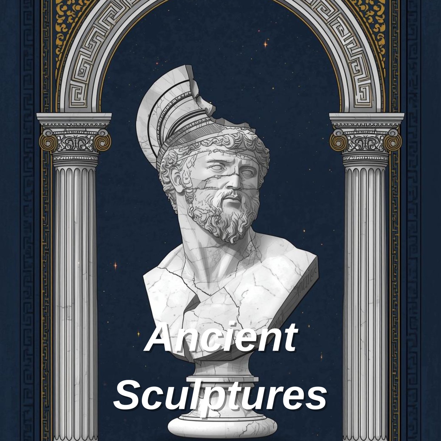 Ancient sculpture coloring book cover with geometric patterns and classical statue head, 40 pages PDF.