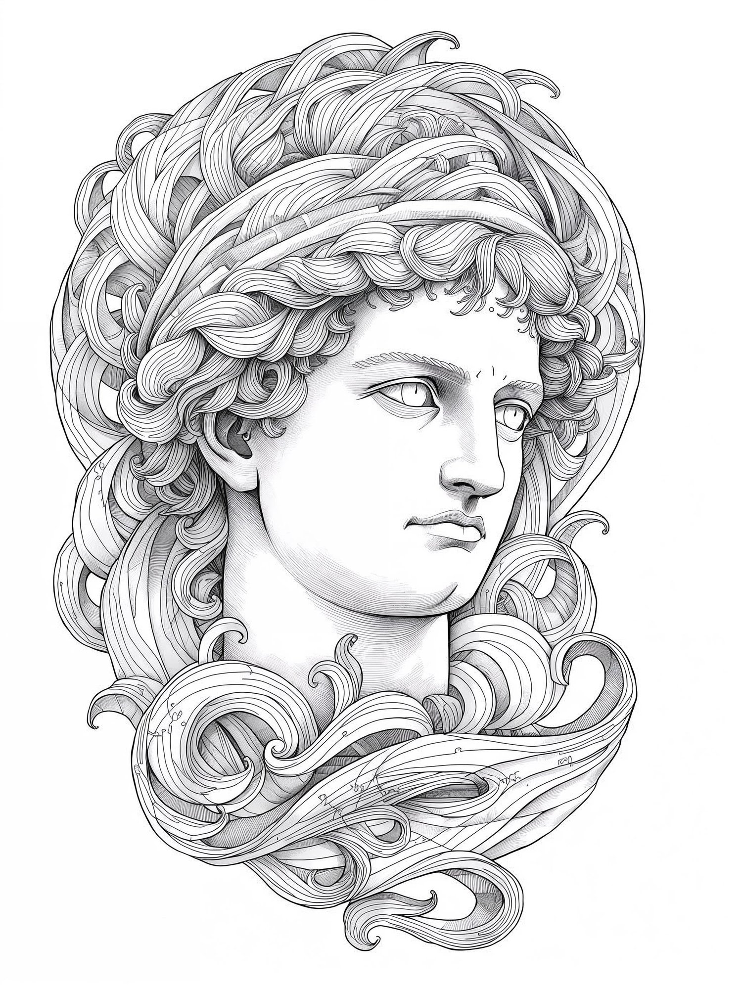 Detailed line art of a classical marble statue with geometric elements, printable coloring page for adults.