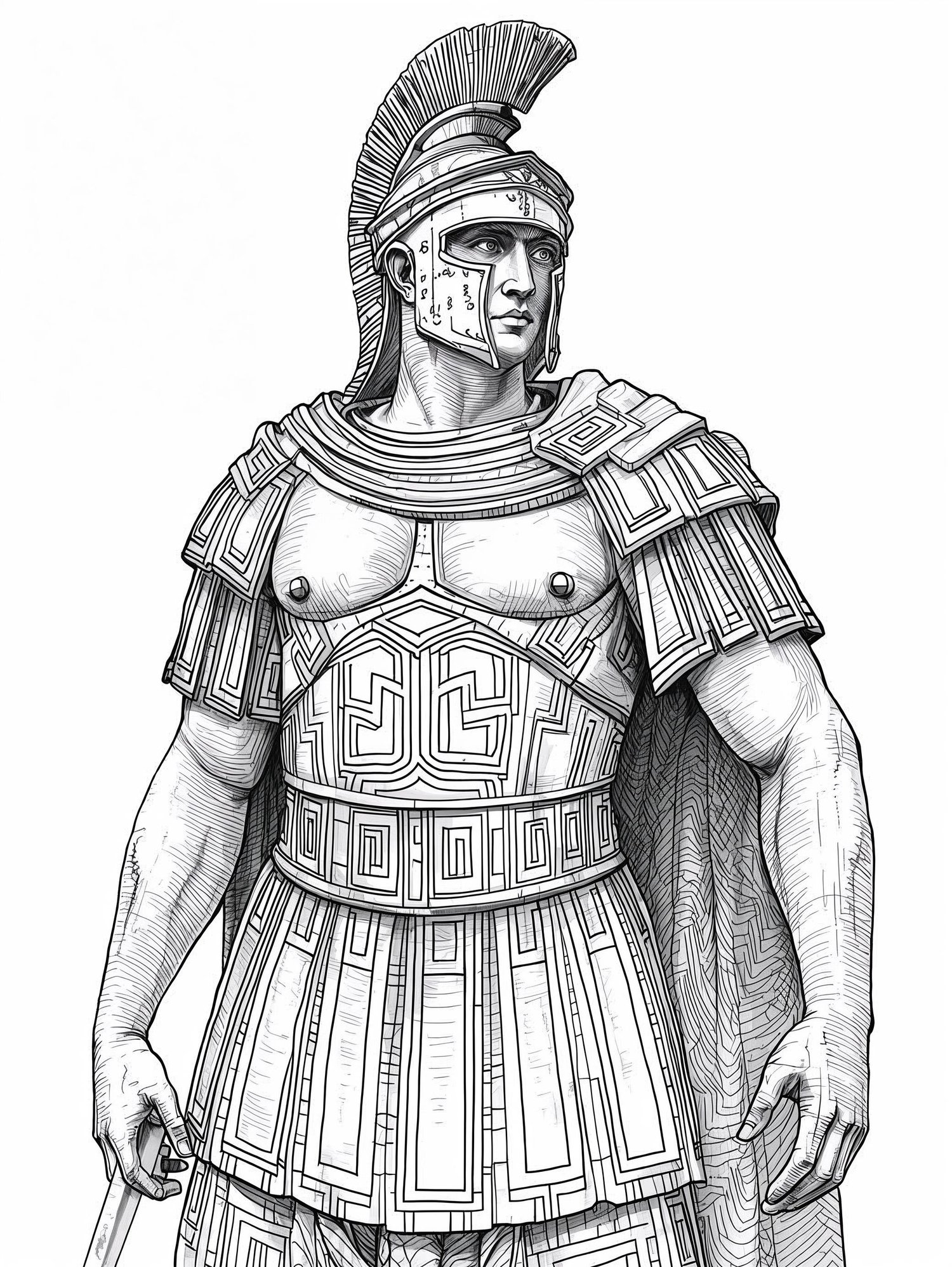 Detailed line art of a classical marble statue with geometric elements, printable coloring page for adults.