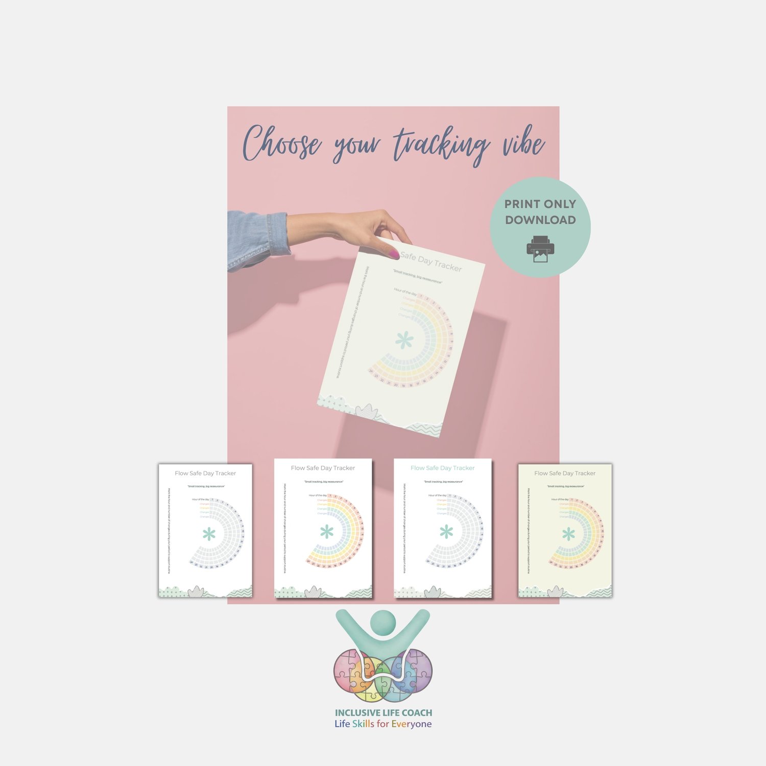 Hand holding a tracker on a pink background with 4 other pastel colours at the bottom, and underneath Inclusive Life Coach Logo of a person with their arms in the air, in green, and 4 round circles made of jigsaws in pastel colours of reds, yellows, blue