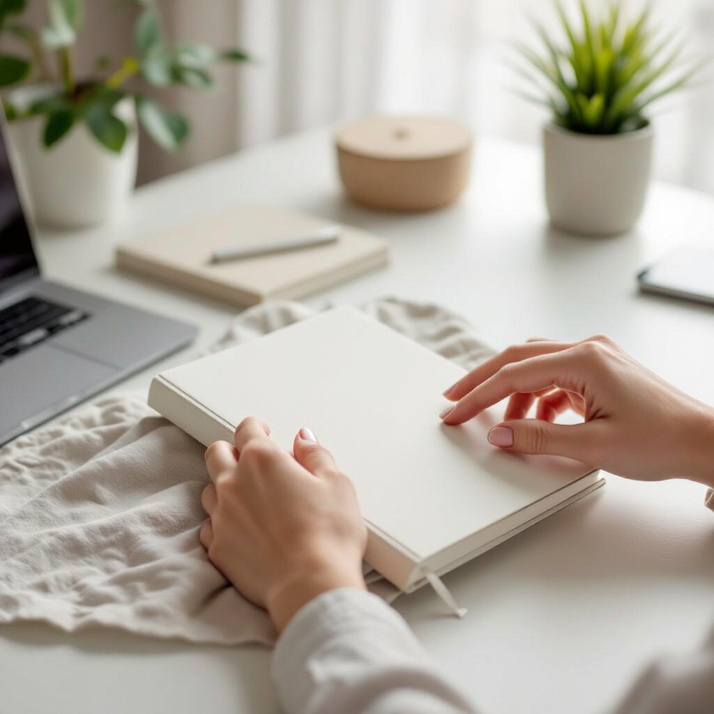 A tidy desk with hands placing a notebook on it. there is a corner of a laptop showing and some plants in the softly blurred background.