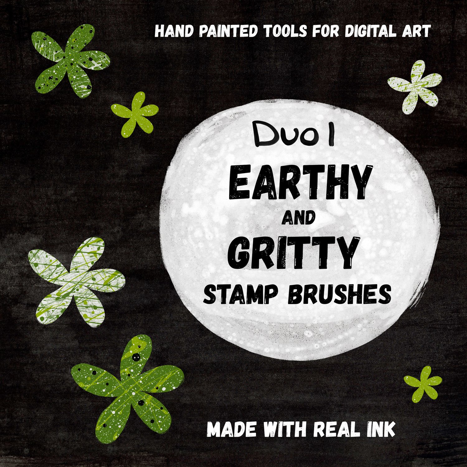 Hand Painted Tools for Digital Art. Made with Real INK. Duo 1 Earthy & Gritty Stamp Brushes - Stamp Shapes paint splattered flowers