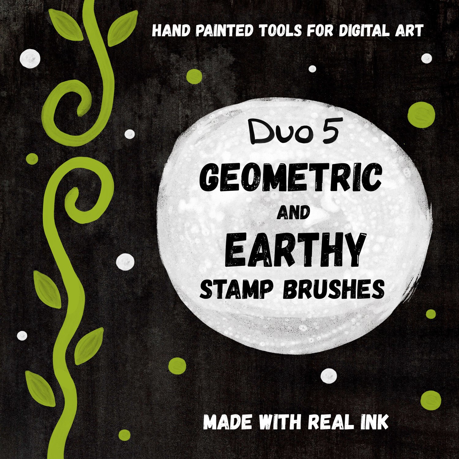 Hand Painted Tools for Digital Art. Made with Real INK. Duo 5 Geometric and Earthy Stamp Brushes. Stamp Shapes - Curly vines and polka dots