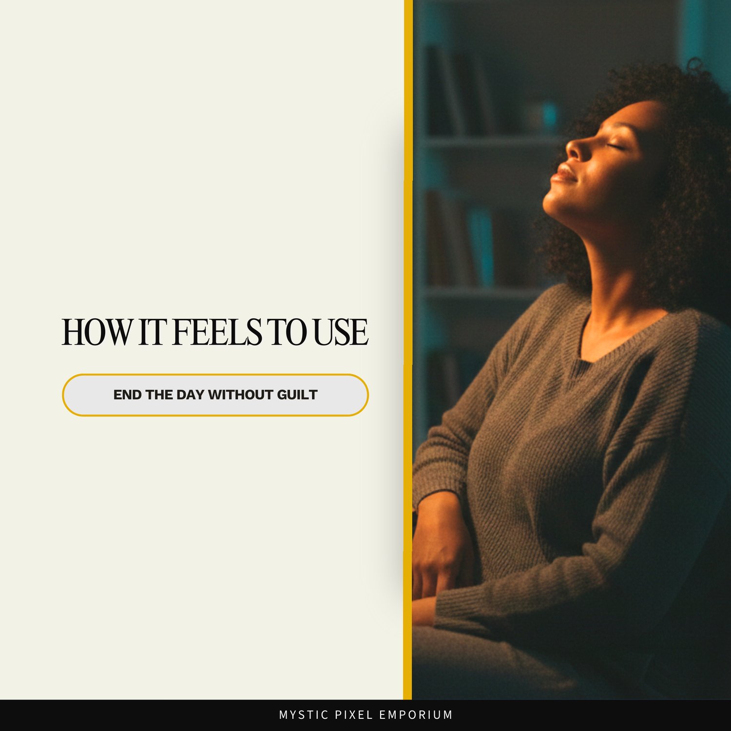 Lifestyle image showing a calm woman resting in the evening, representing how it feels to use the Dusk Daily Focus Compass and end the day without guilt.