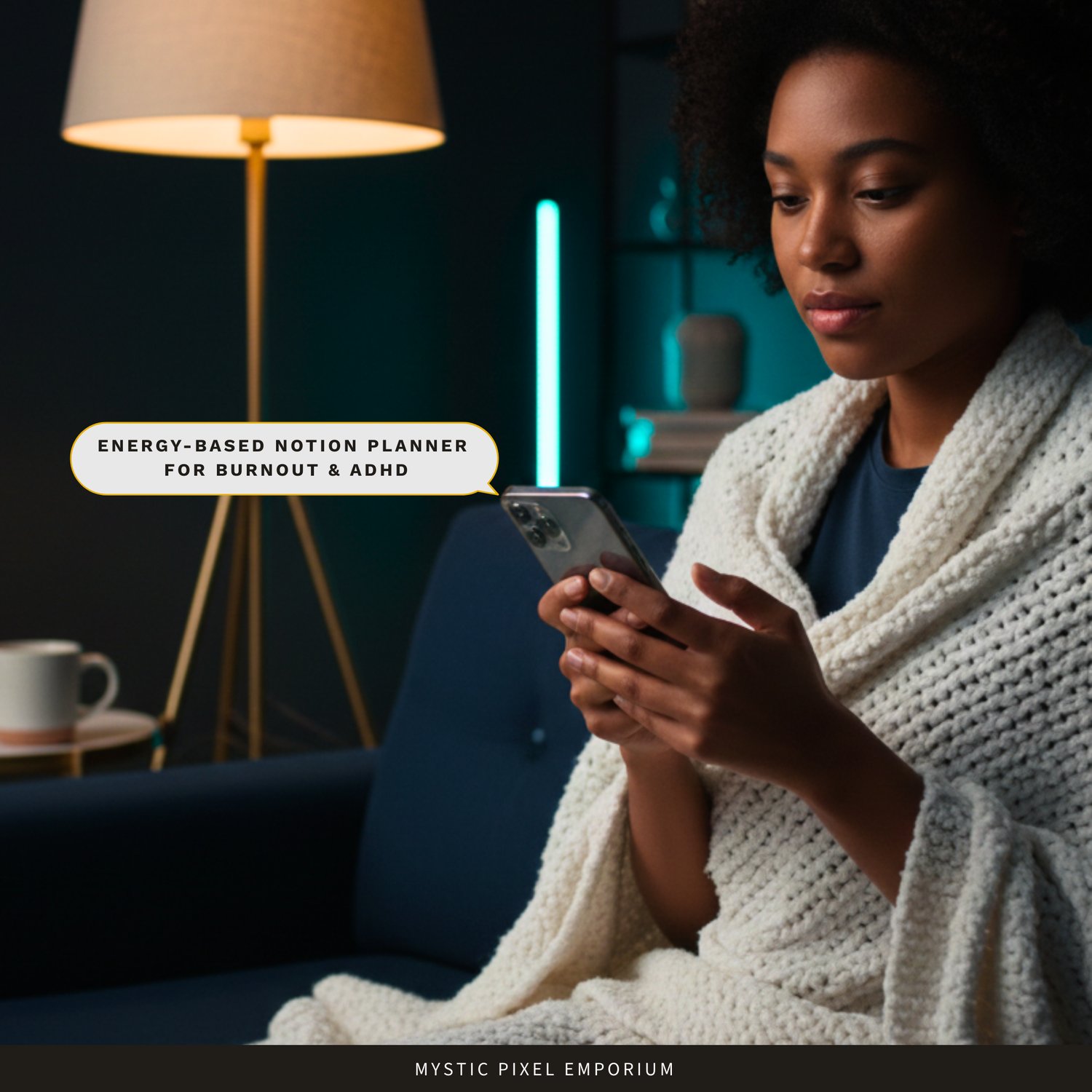 Lifestyle image of a woman using her phone in a calm evening setting, with text indicating an energy-based Notion planner designed for burnout and ADHD.