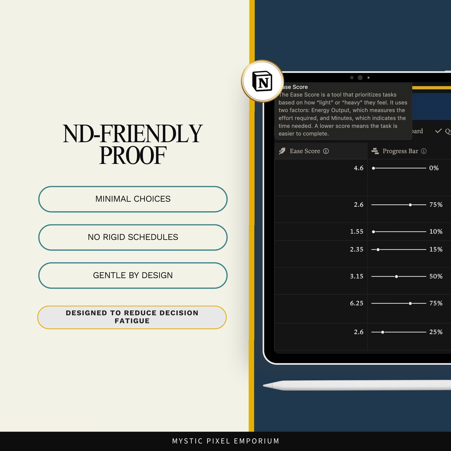 ND-friendly proof graphic showing that the planner is designed with minimal choices, no rigid schedules, and gentle structure to reduce decision fatigue for ADHD and neurodivergent users.