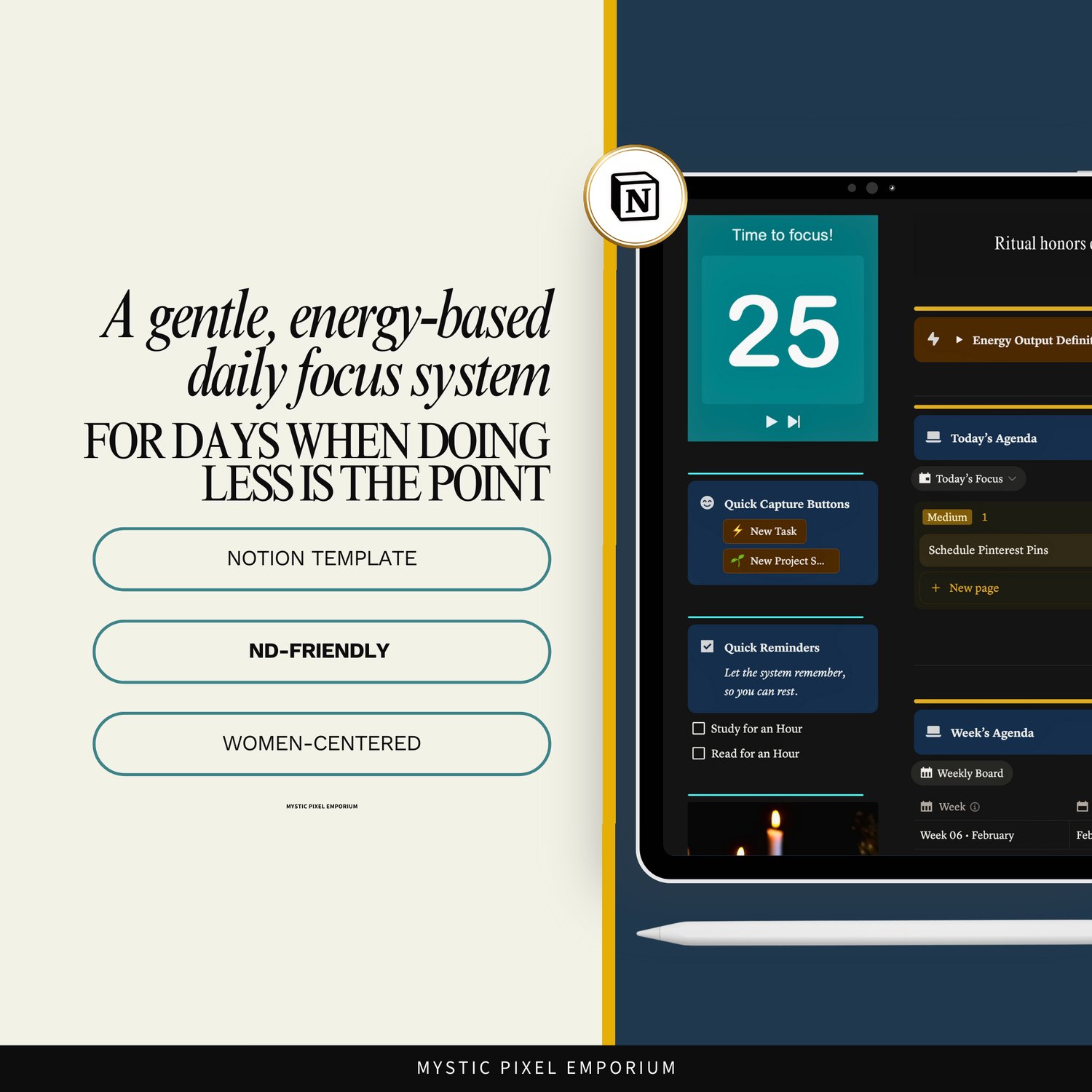 Overview graphic describing the Dusk Daily Focus Compass as a gentle, energy-based daily focus system for days when doing less is the point, designed as an ADHD-friendly Notion template.