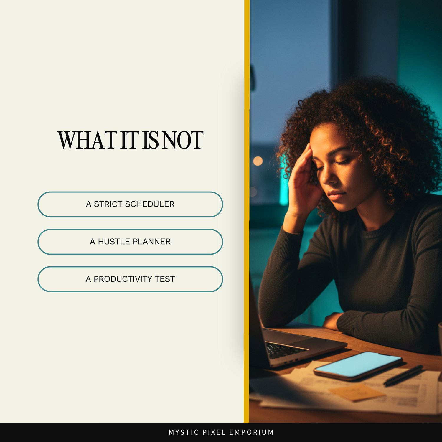 Graphic explaining what the Dusk Daily Focus Compass is not, clarifying that it is not a strict scheduler, not a hustle planner, and not a productivity test.