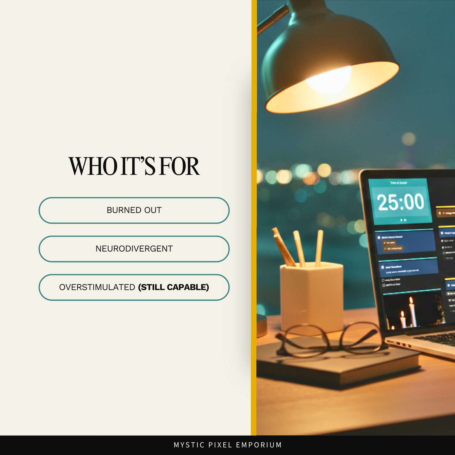 Graphic showing who the Dusk Daily Focus Compass is for, including burned out, neurodivergent, and overstimulated but capable women, alongside a calm evening workspace with an energy-based Notion planner on a laptop.