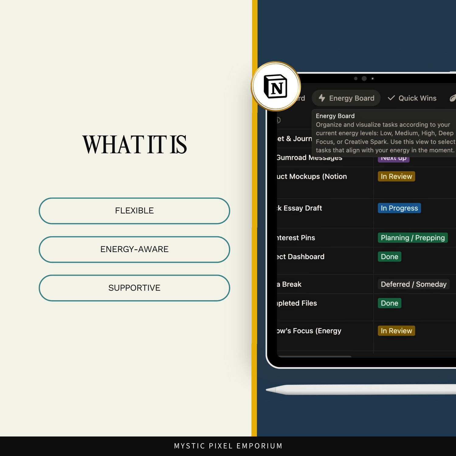 Graphic describing what the Dusk Daily Focus Compass is, emphasizing that it is flexible, energy-aware, and supportive, with a preview of the Notion task dashboard.