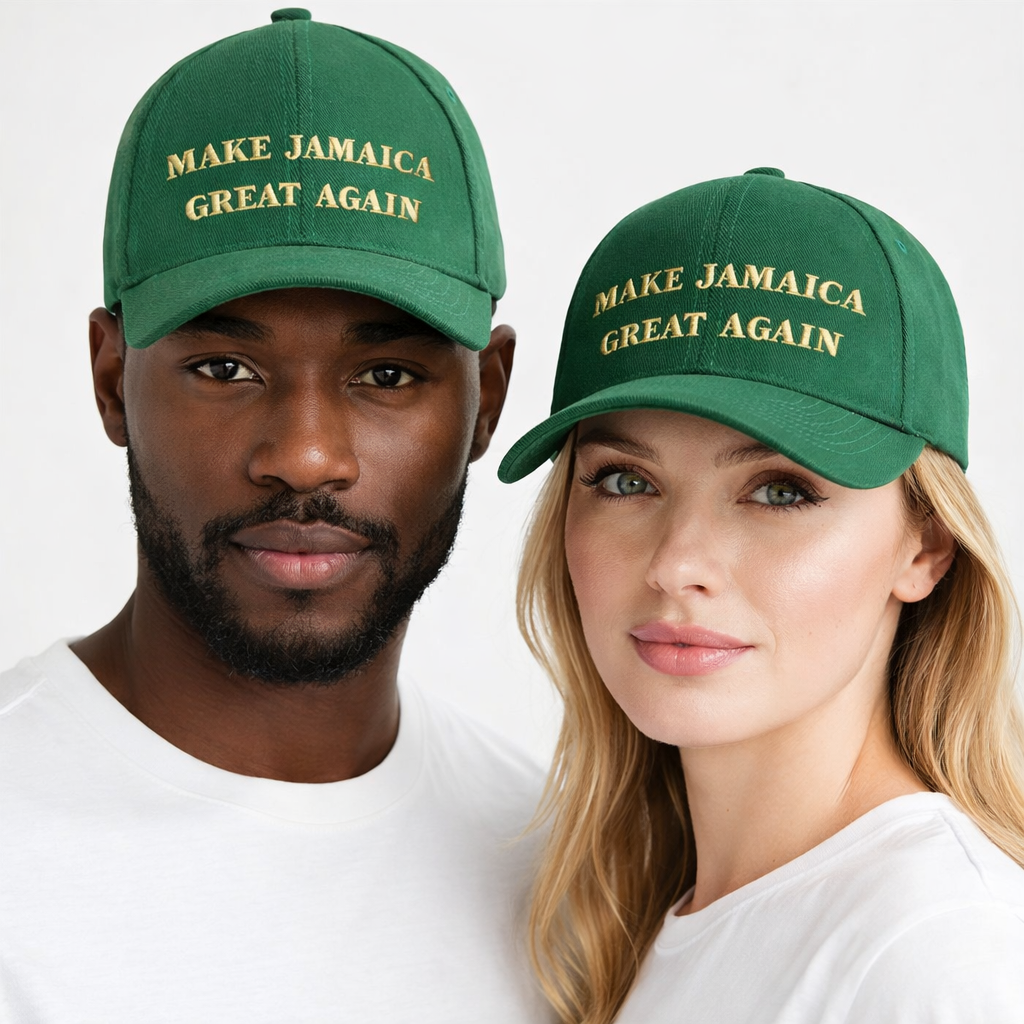 'Make Jamaica Great Again' written in gold letters on green baseball caps worn by a Black man and a White woman