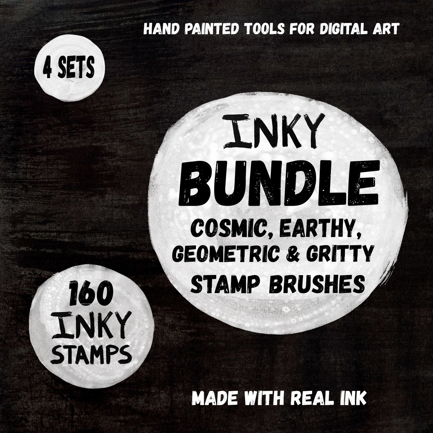 Hand Painted Tools for Digital Art. Made with Real INK. INKY Bundle - Cosmic, Earthy, Geometric & Gritty Stamp Brushes. 160 INKY STAMPS. 4 Sets
