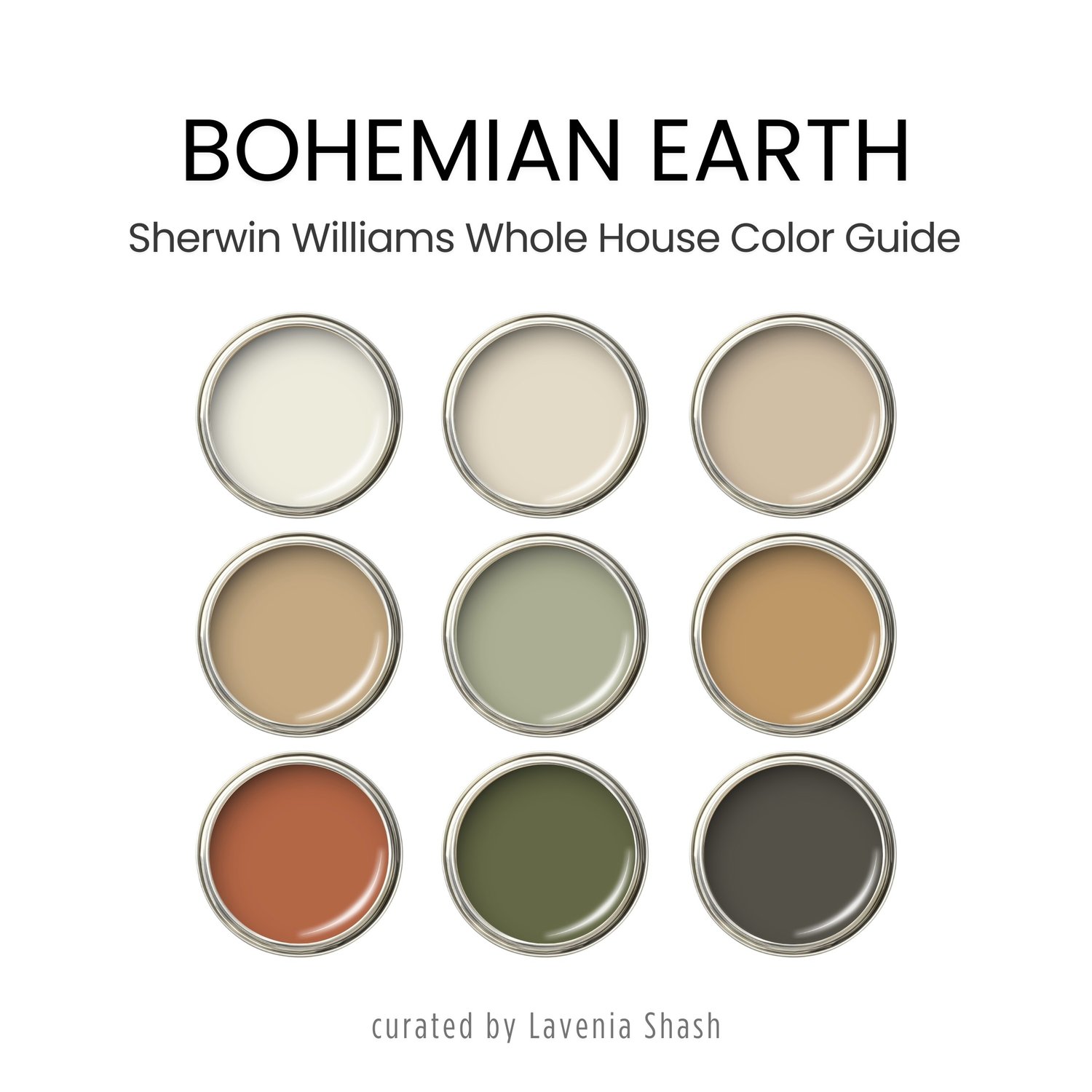 Boho color palette for home interior with Sherwin Williams paint scheme by Lavenia Shash.