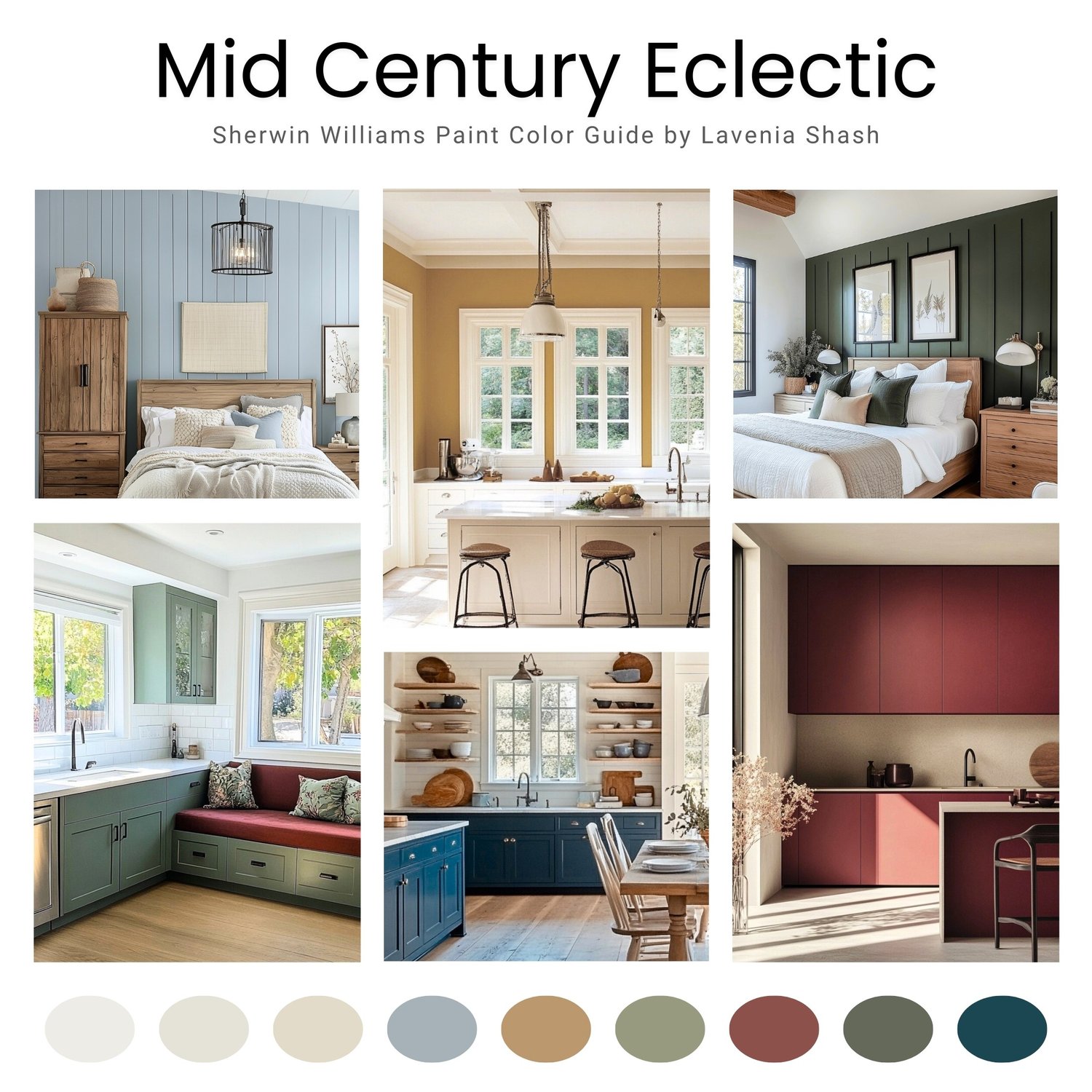Sherwin Williams Mid Century Eclectic Color Palette For Whole House Interior. Paint Scheme With Jewel Tones For Maximalist and Boho Home Deco.