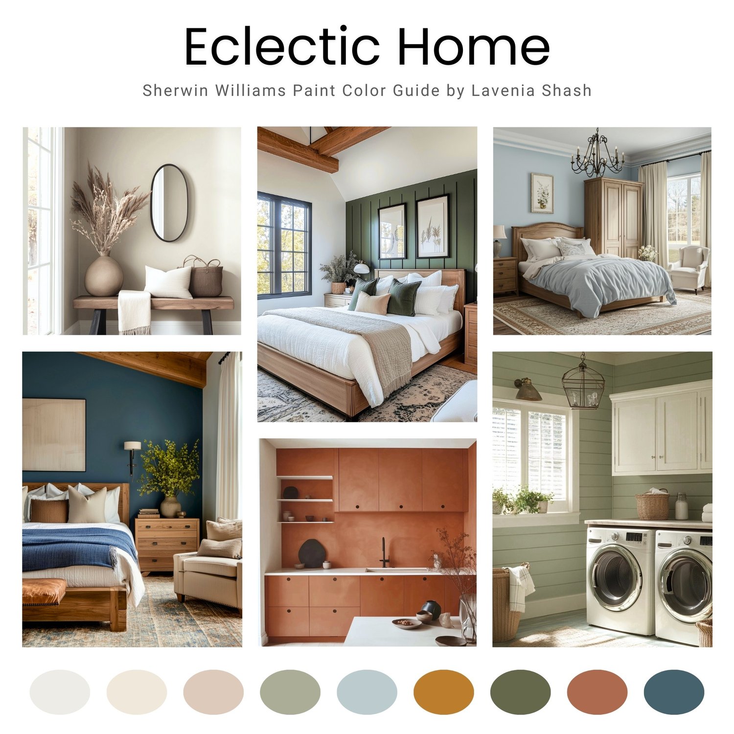 Eclectic color palette for home interior with Sherwin Williams paint scheme by Lavenia Shash.
