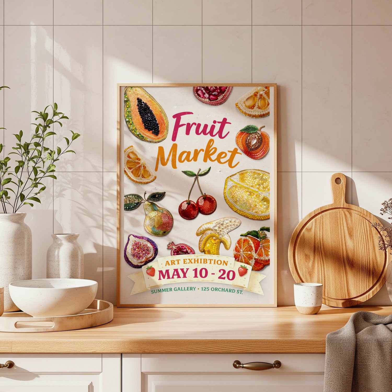 fruit wall art, exhibition poster printable, gallery wall art, colorful fruit print, beaded fruit artwork, modern art poster, kitchen wall art printable, aesthetic wall art, contemporary poster design, art exhibition style print, digital wall art download