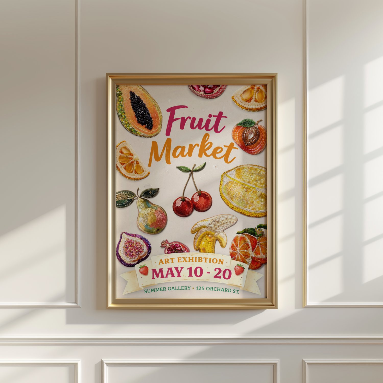 fruit wall art, exhibition poster printable, gallery wall art, colorful fruit print, beaded fruit artwork, modern art poster, kitchen wall art printable, aesthetic wall art, contemporary poster design, art exhibition style print, digital wall art download