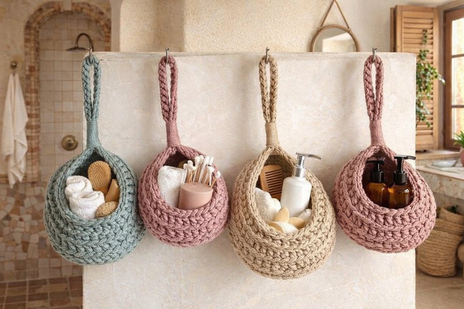 Crochet hanging basket used for home organization – stylish handmade storage for kitchen and bathroom