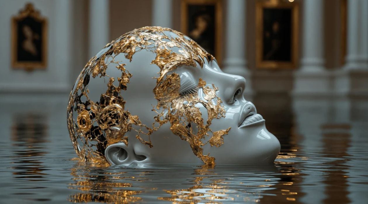 An A.I.-generated artwork featuring a human-like head and painted gold on its face, emerges from the water.