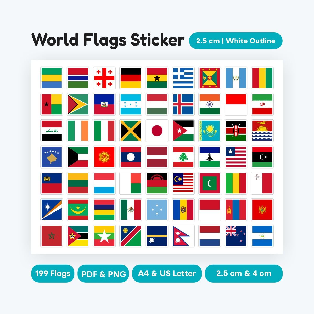 world flags sticker printable square style