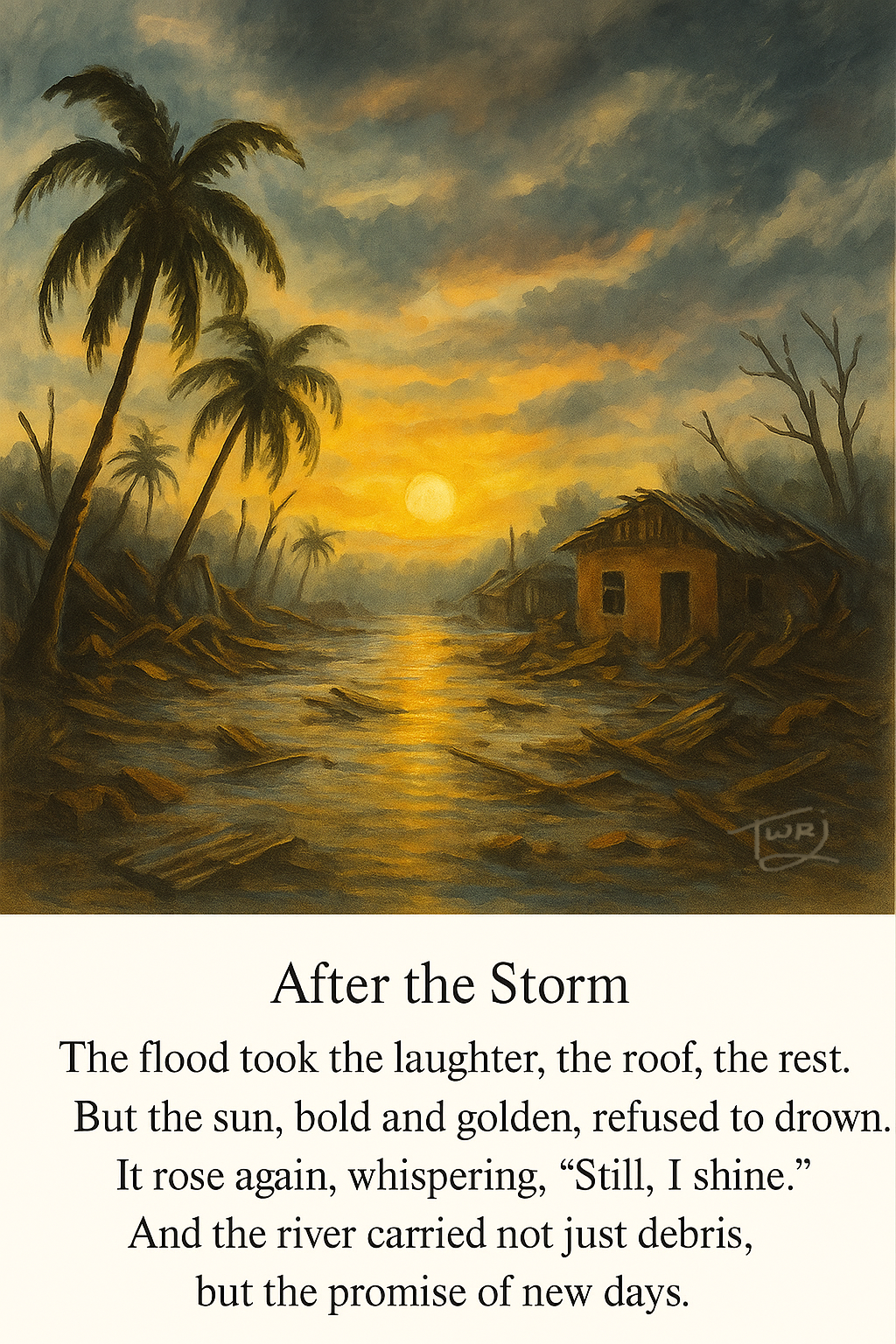 Painting of child being lifted from the wreckage and saved by adult hands after the storm. Downloadable and printable.