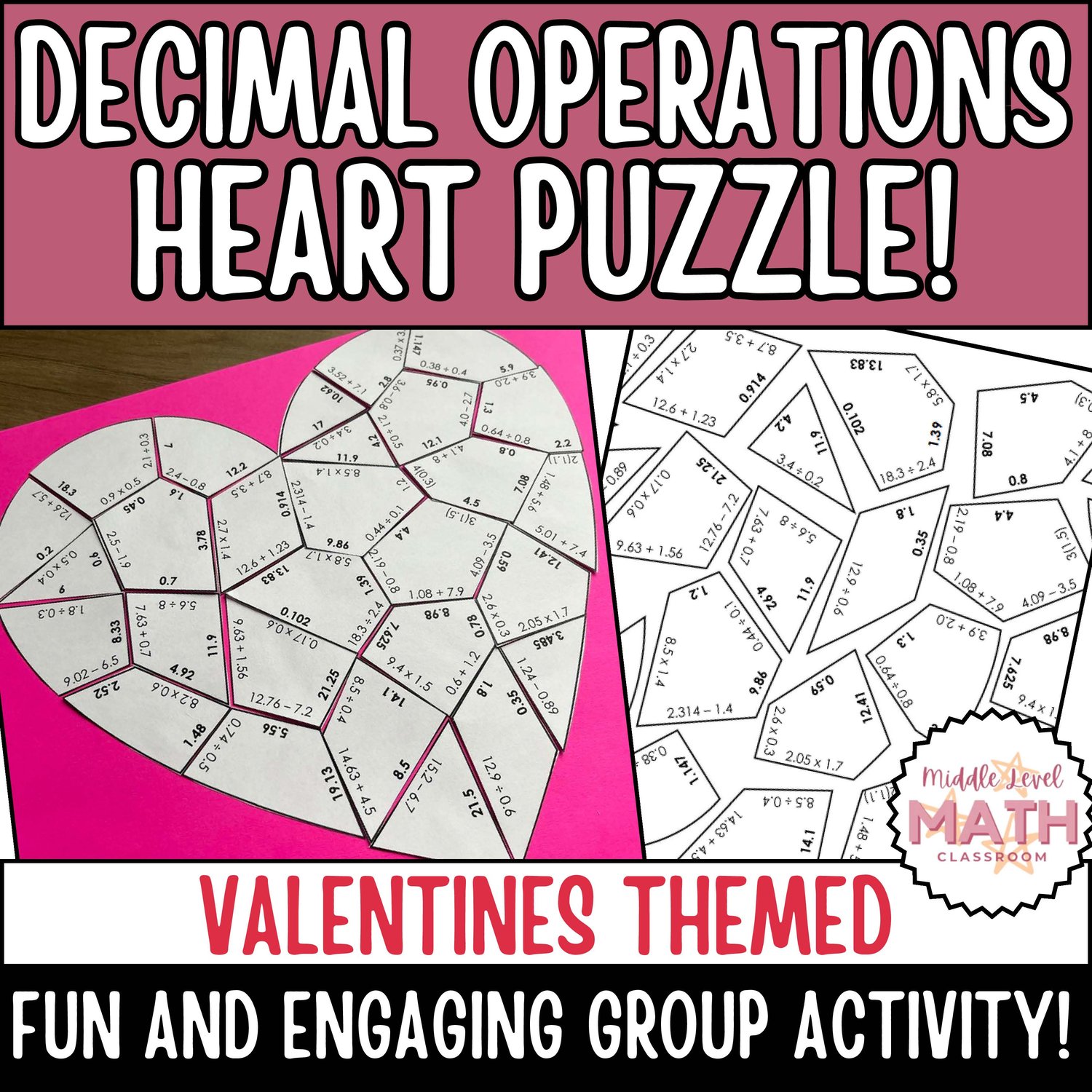 Math Activity HEART PUZZLE: Decimal Operations | Valentines Day | Class Decor