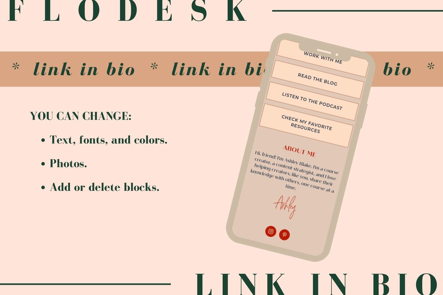 Fully customizable with a Flodesk account. You can change text, fonts, colors, photos, and add or delete elements.