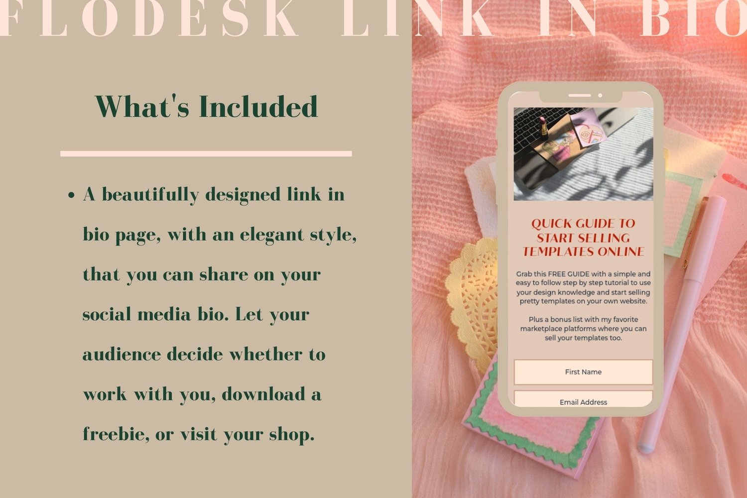 This Flodesk template includes a link in bio page, designed with an elegant style, that you can share on your social media bio. Let your audience choose whether to download a freebie, work with you, read your blog, visit your shop, listen to your podcast,