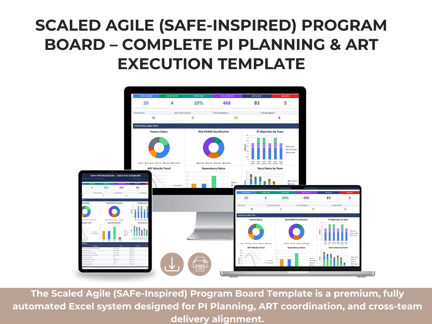 SAFe-Inspired Program Board Excel Template showing PI objectives, feature flow, dependencies, risks, and executive dashboard for scalable agile planning.