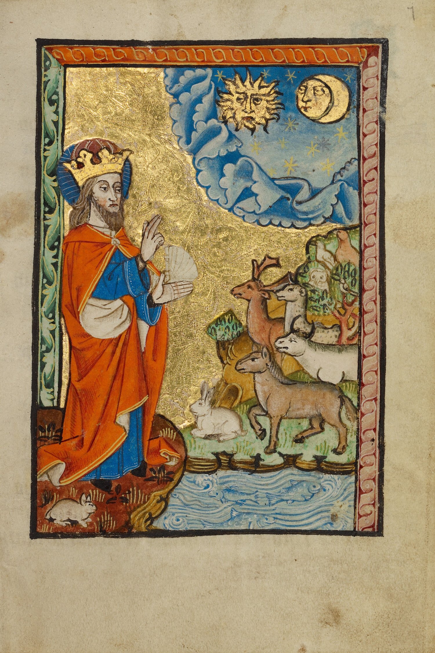 An illustration of the Creation from an illuminated manuscript from around 1490, God is depicted as a king in a read cloak facing a crowd of newly created animals. The sun an moon are above looking down (they have faces!) Digital image courtesy of Getty’s