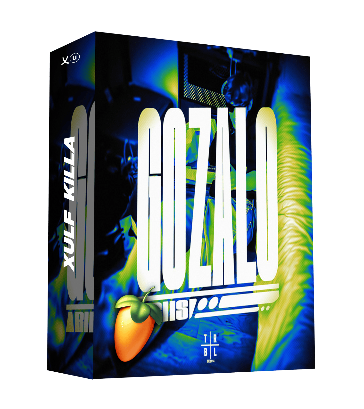 GOZALO REMAKE FLP product box by Xulf Killa featuring vibrant blue and green glitch art with a large white GOZALO title and an FL Studio logo icon.