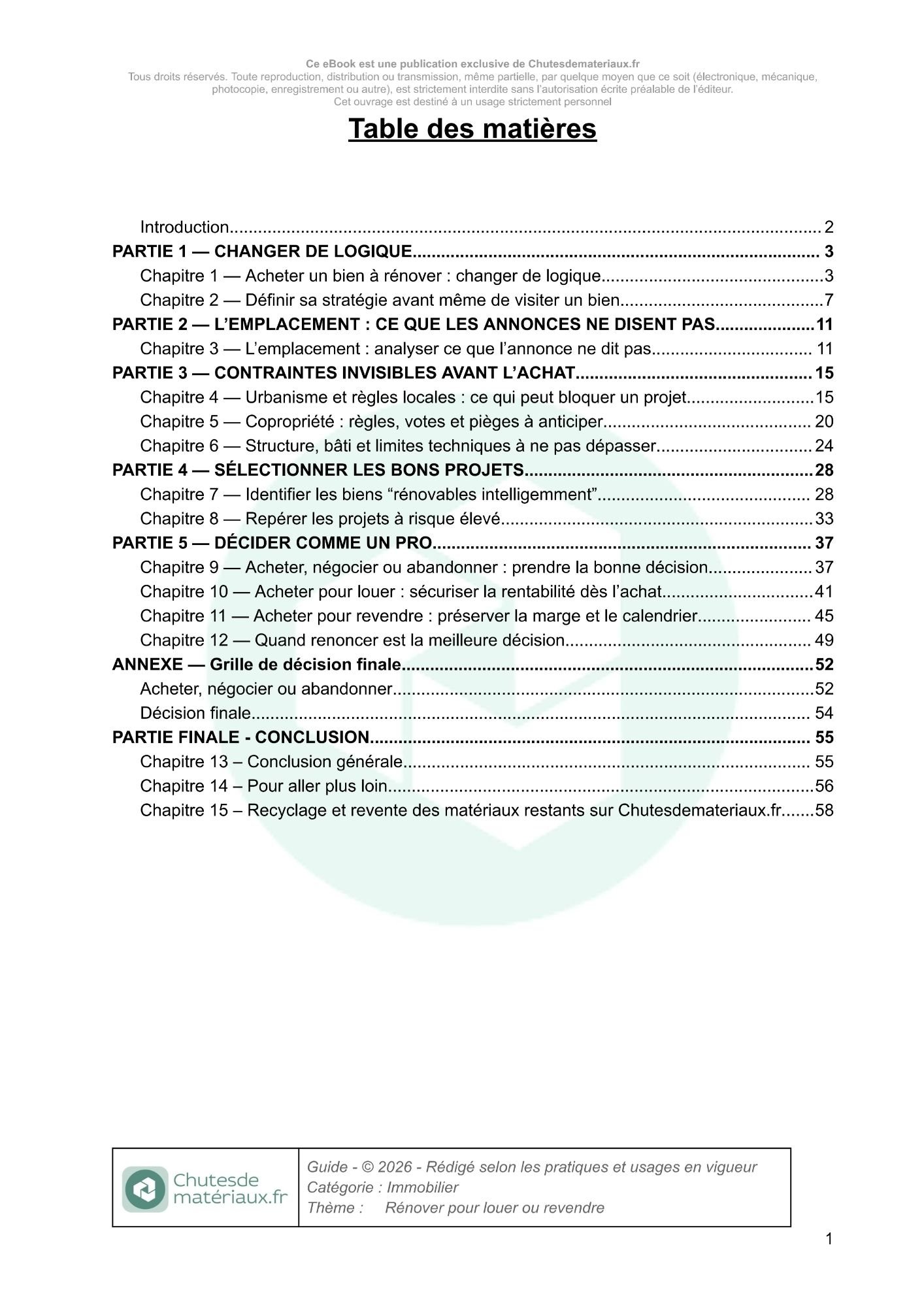 Table des matières du guide Acheter un bien à rénover pour louer ou revendre avec méthode d’analyse et prise de décision
