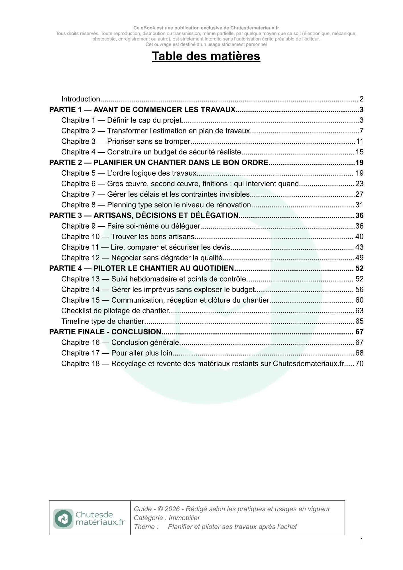 Sommaire du guide Planifier et piloter ses travaux après l’achat – étapes clés et organisation des travaux