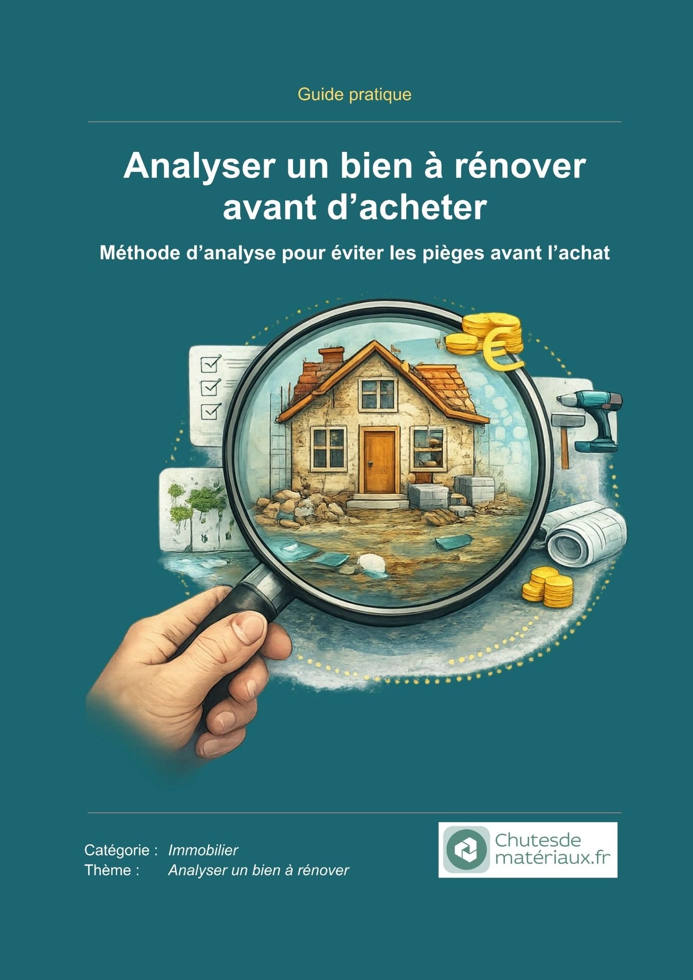 Analyse d’un bien immobilier à rénover avant achat avec loupe, maison ancienne et éléments de rénovation illustrés