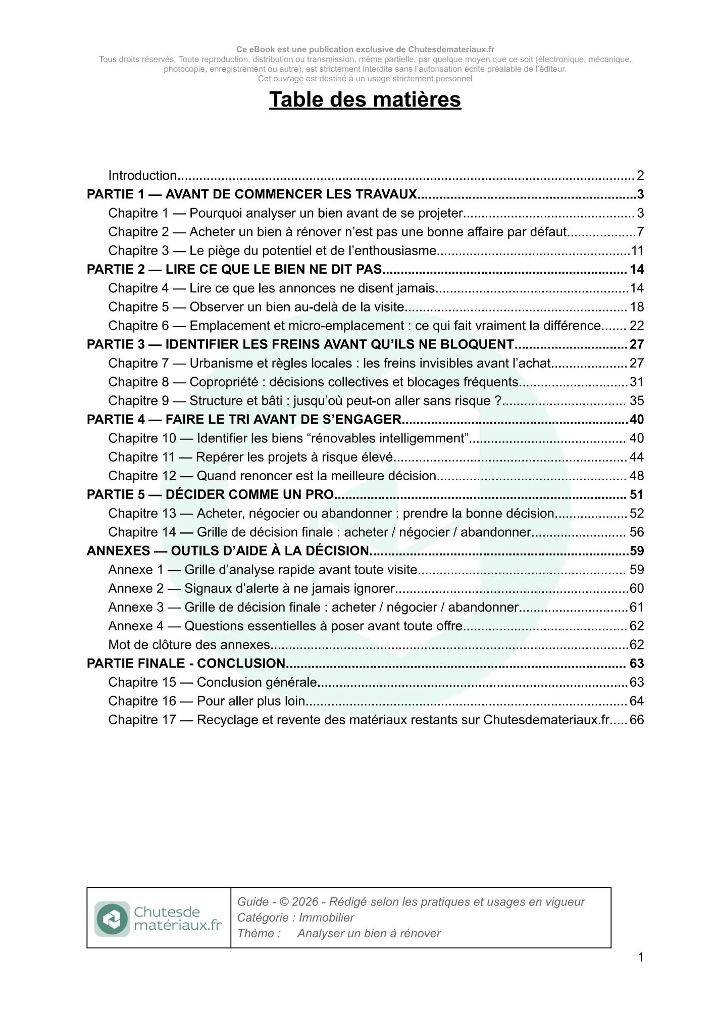 Table des matières du guide d’analyse d’un bien immobilier à rénover avant d’acheter