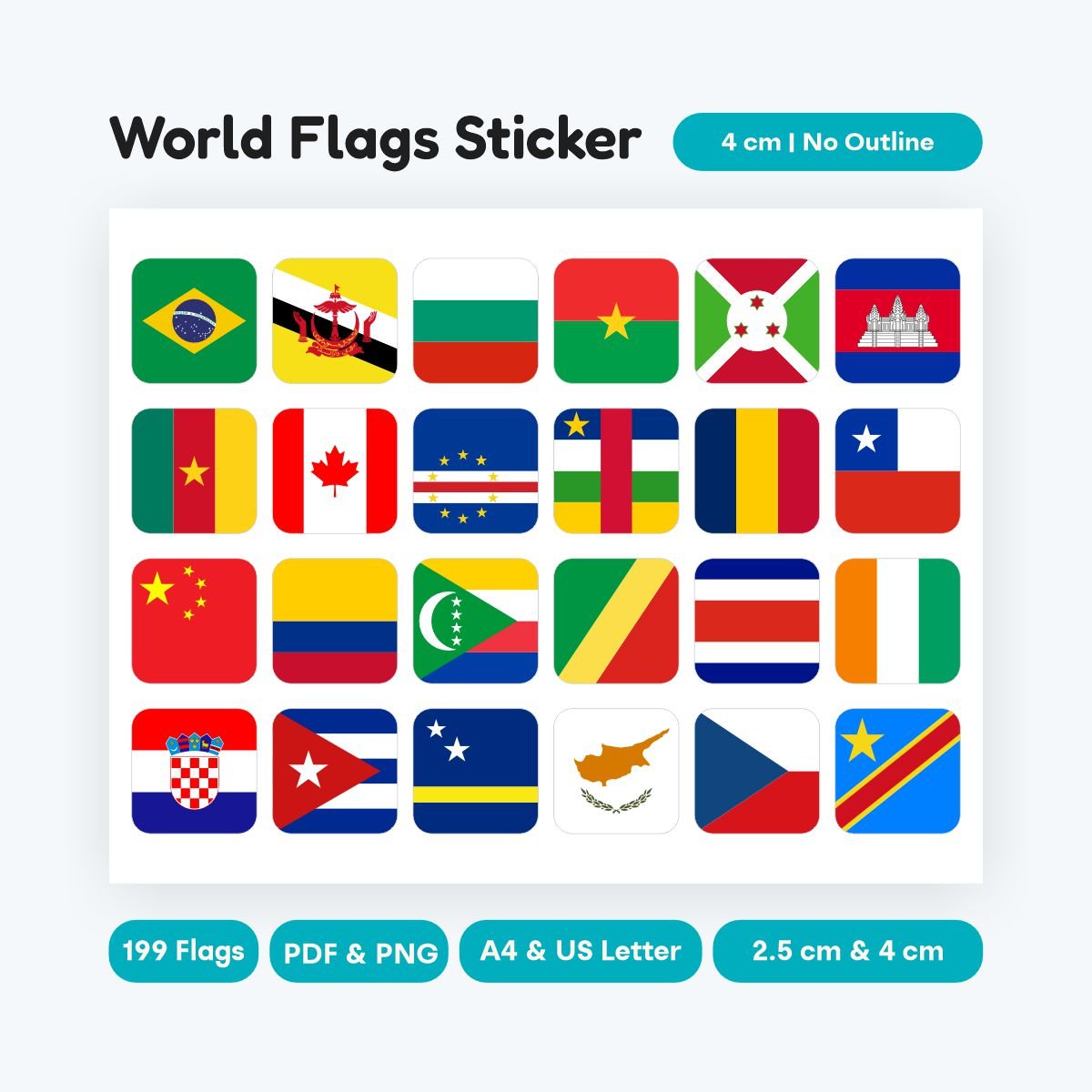 world flags sticker printable square rounded
