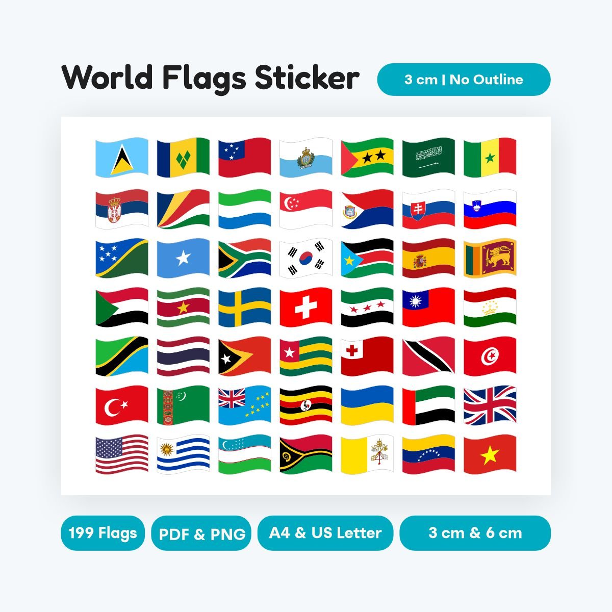 world flags sticker printable waving style