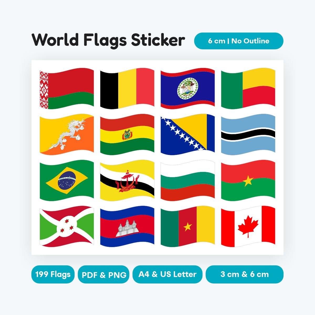 waving world flags 6 cm printable stickers