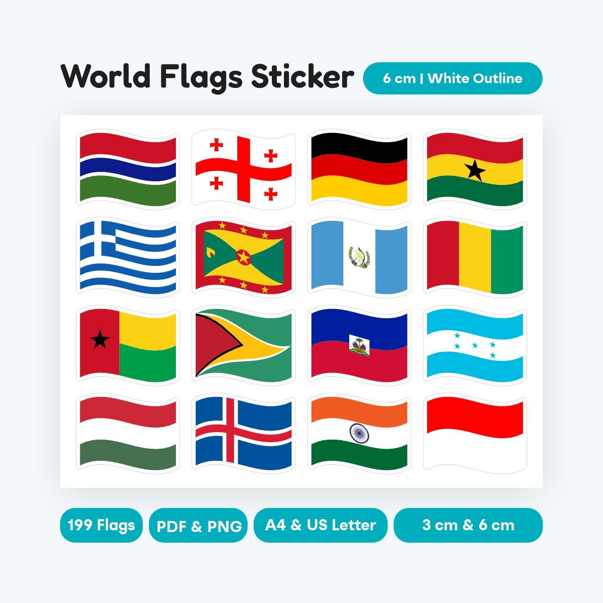 world flags sticker sheet a4 waving style