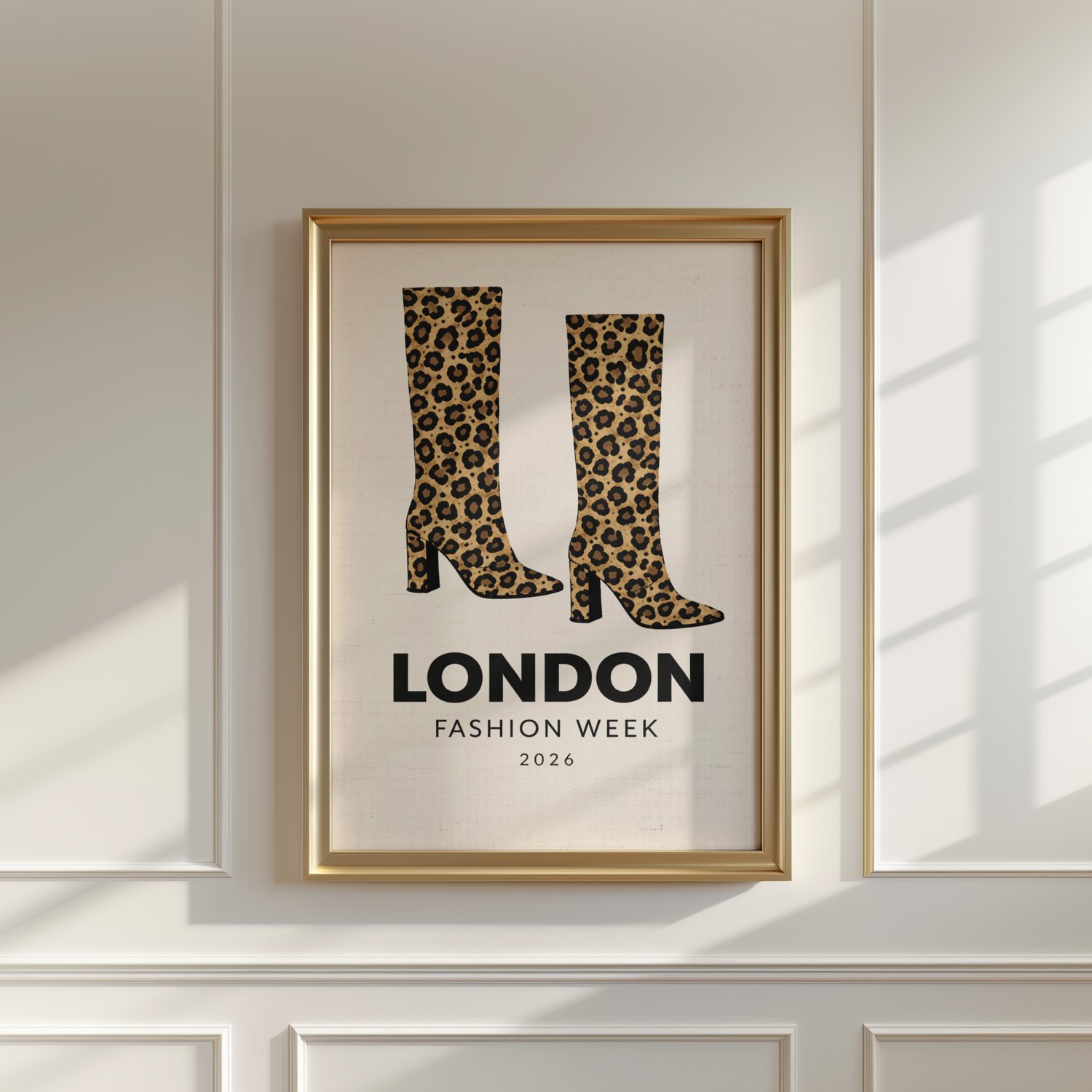 london fashion week poster, london fashion week wall art, leopard boots poster, leopard print wall art, fashion wall art, retro fashion print, y2k wall art, y2k apartment decor, trendy chic apartment decor, animal print decor, runway fashion poster, edito