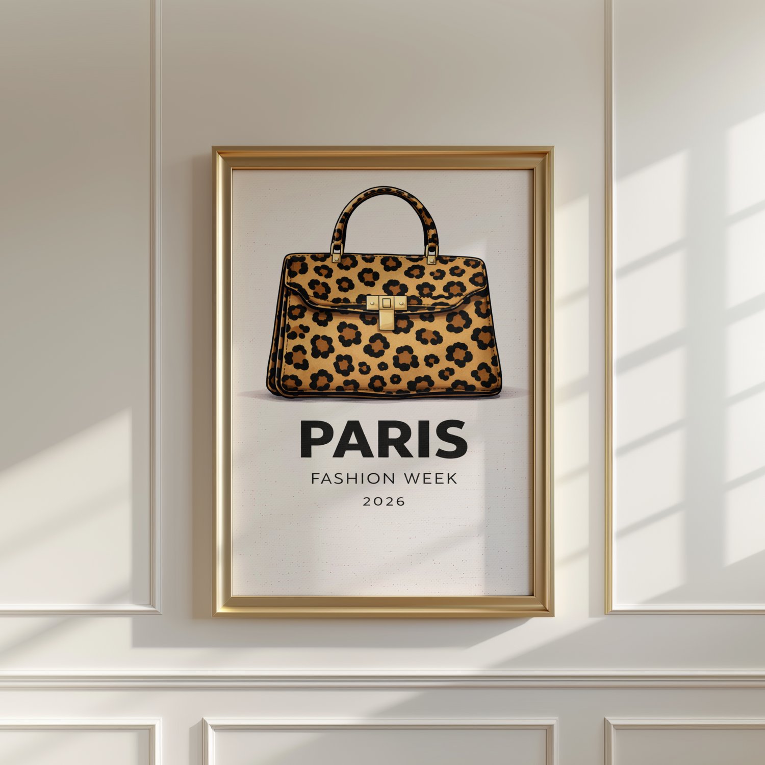 paris fashion week poster, paris fashion week wall art, leopard bag wall art, leopard handbag poster, fashion illustration print, fashion wall art, animal print wall art, luxury fashion poster, y2k wall art, y2k apartment decor, trendy chic apartment deco