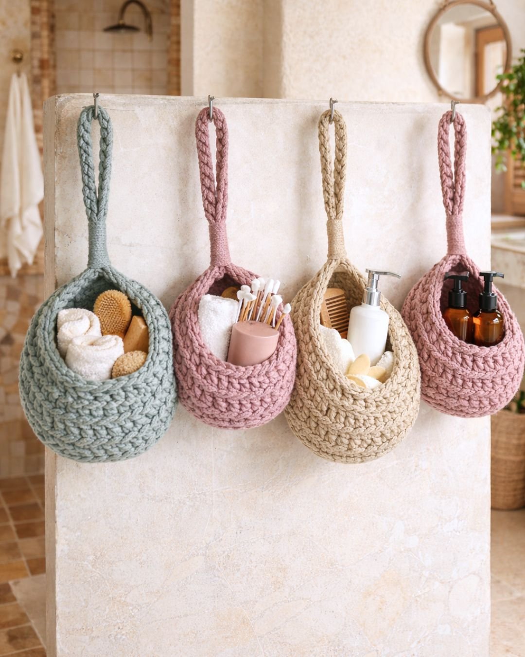 Handmade crochet hanging baskets in three sizes – small, medium and large – modern home decor and storage pattern