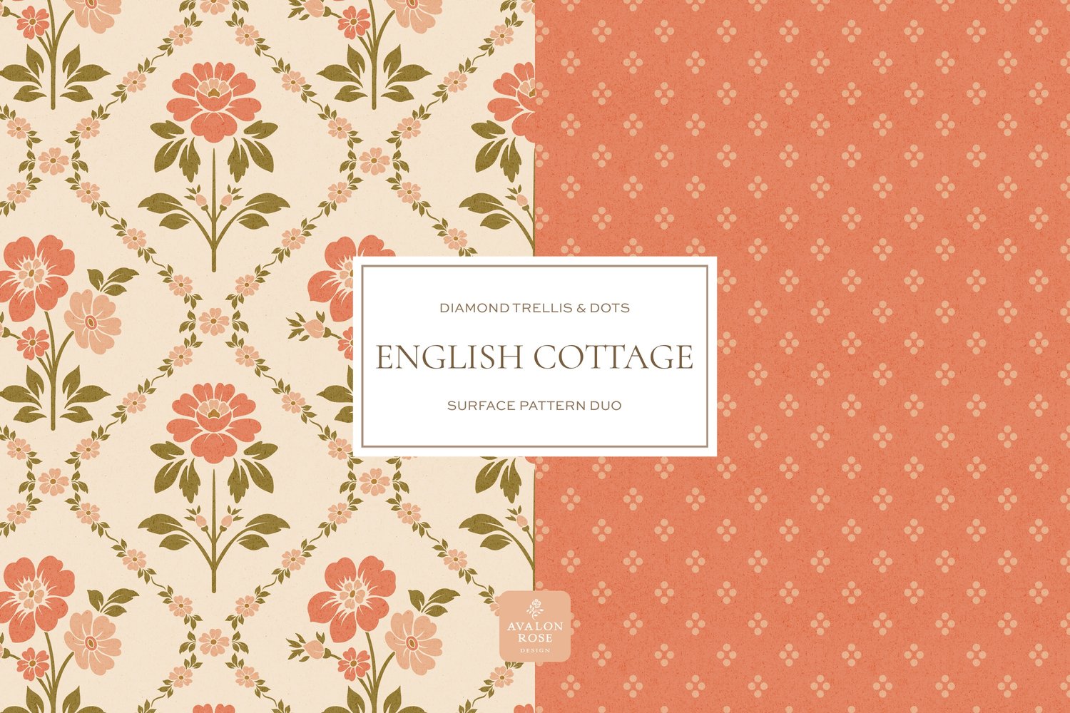 Vintage English Cottage pink diamond floral surface pattern design with pink polka dots