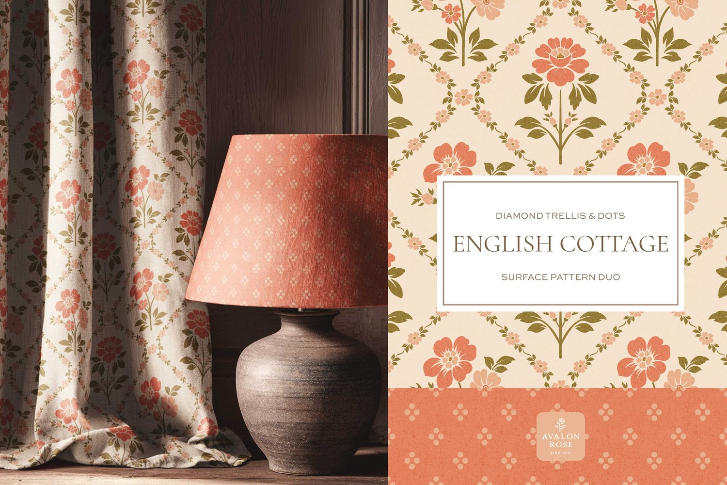 Vintage English Cottage pink diamond floral surface pattern design with pink polka dots on curtains and a lampshade