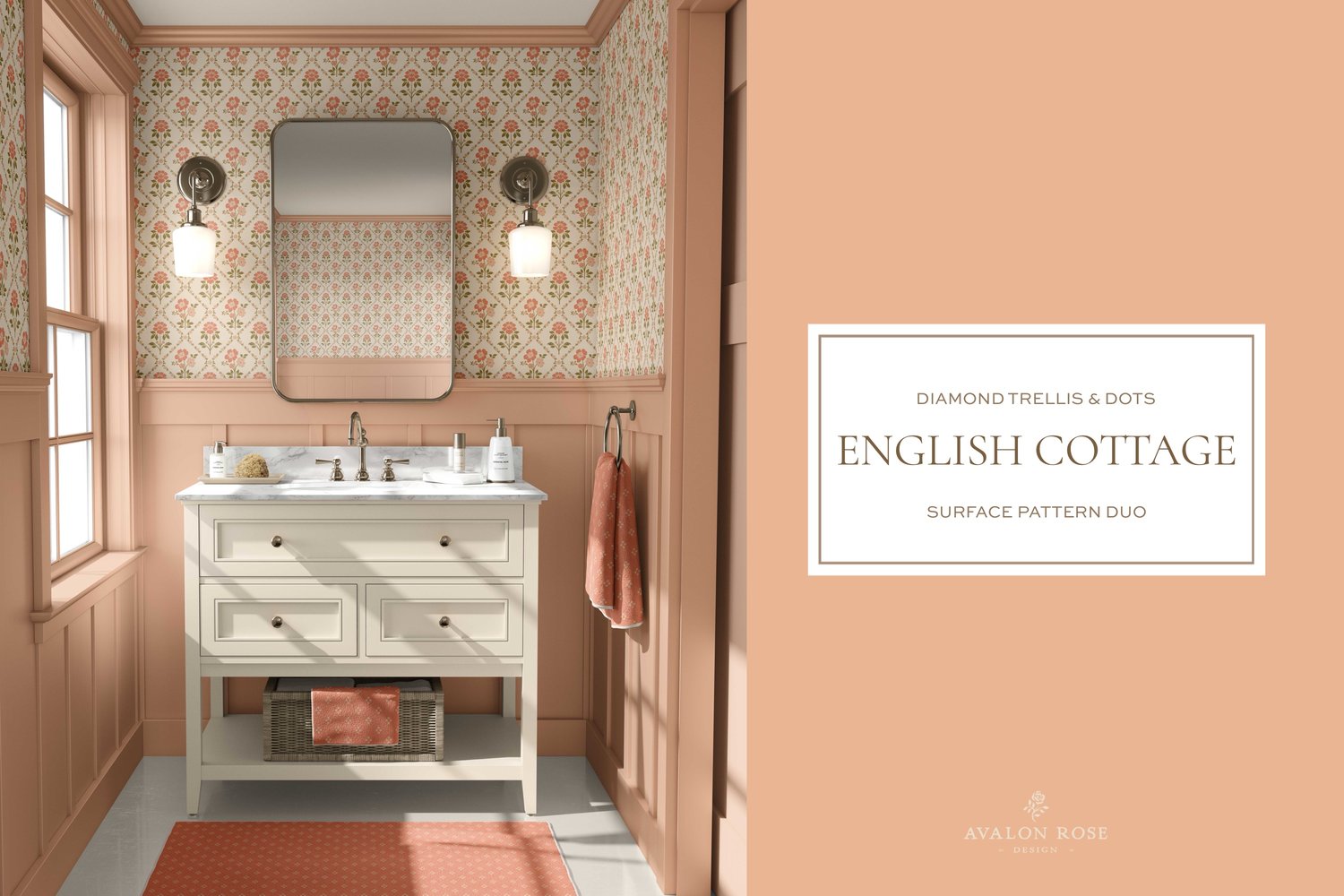 Vintage English Cottage pink diamond floral surface pattern design with pink polka dots on bathroom wallpaper